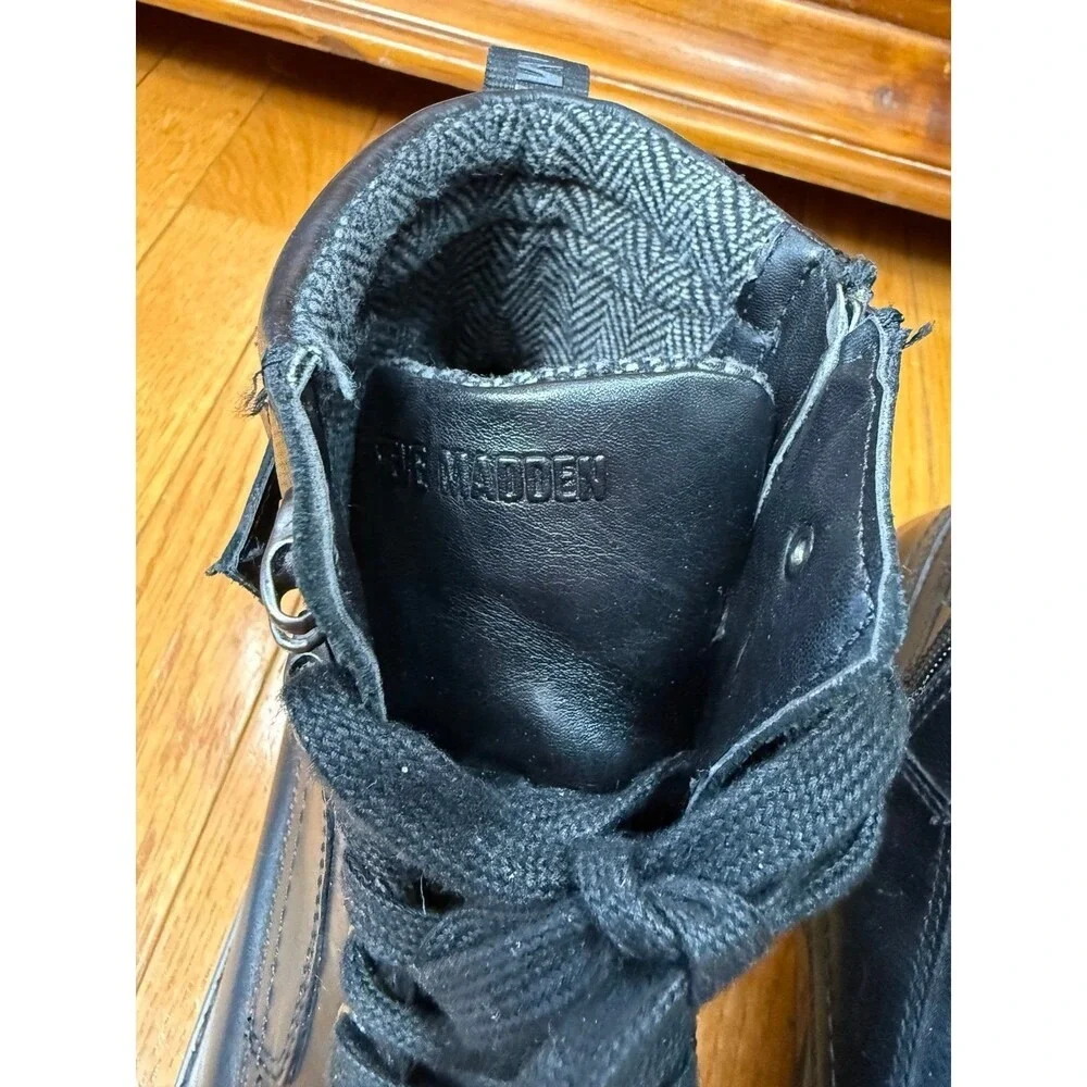 Steve Madden Snyder‎ Black Leather Cap Toe Lace Up Side Zip Combat Boots Mens 12